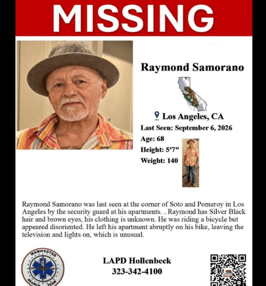 Los Angeles, CA: 68-Year-Old Raymond Samorano Reported Missing After Leaving Apartment on Bicycle