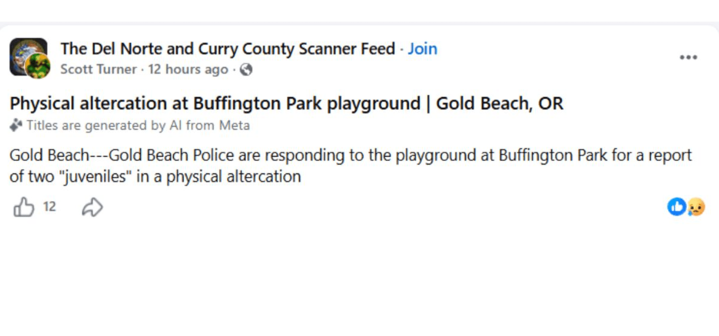 Gold Beach, OR: Police Respond to Report of Juveniles Fighting at Buffington Park
